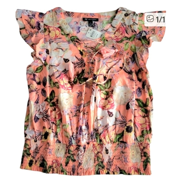 INC Regal Blossom Floral Ruffled Peach, Green Blouse with Tassle Size Large - Picture 1 of 13